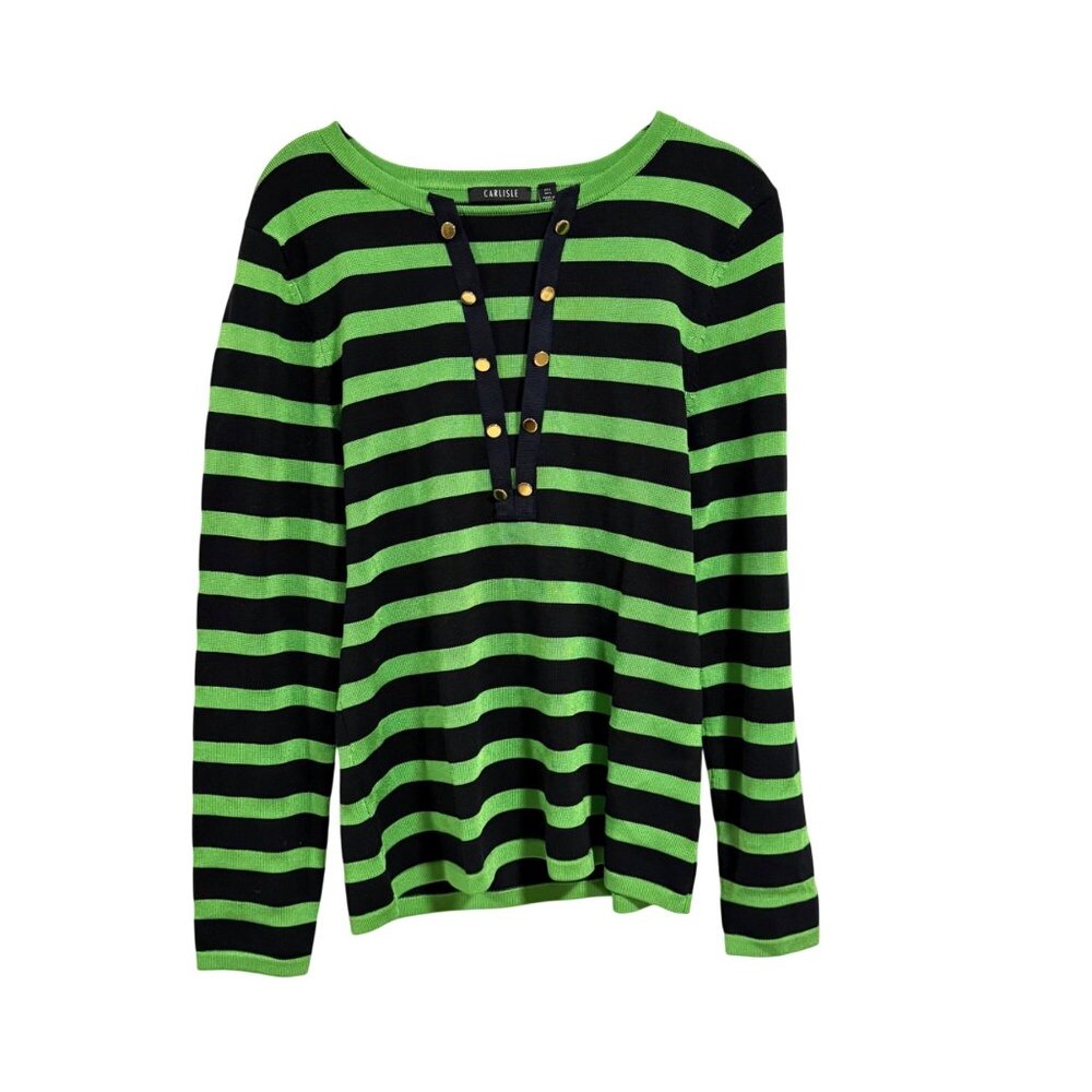 Carlisle Silk Blend Long Sleeve Green Black Stripe Women's Sweater Blouse Size L